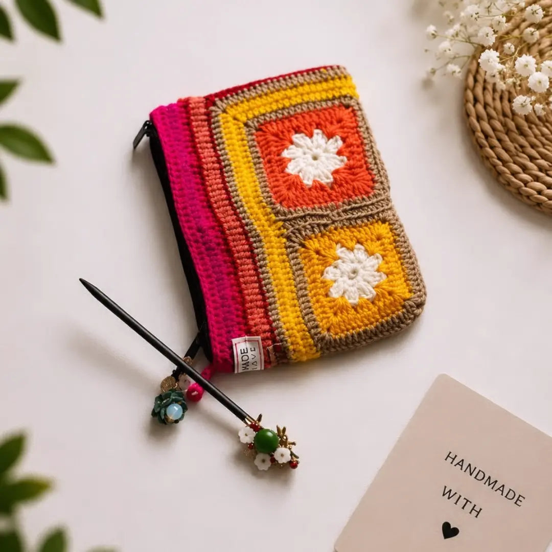 The Sanctuary Crochet Zipper Pouch - Artisanal Hand-Crocheted Cosmetic & Travel Clutch