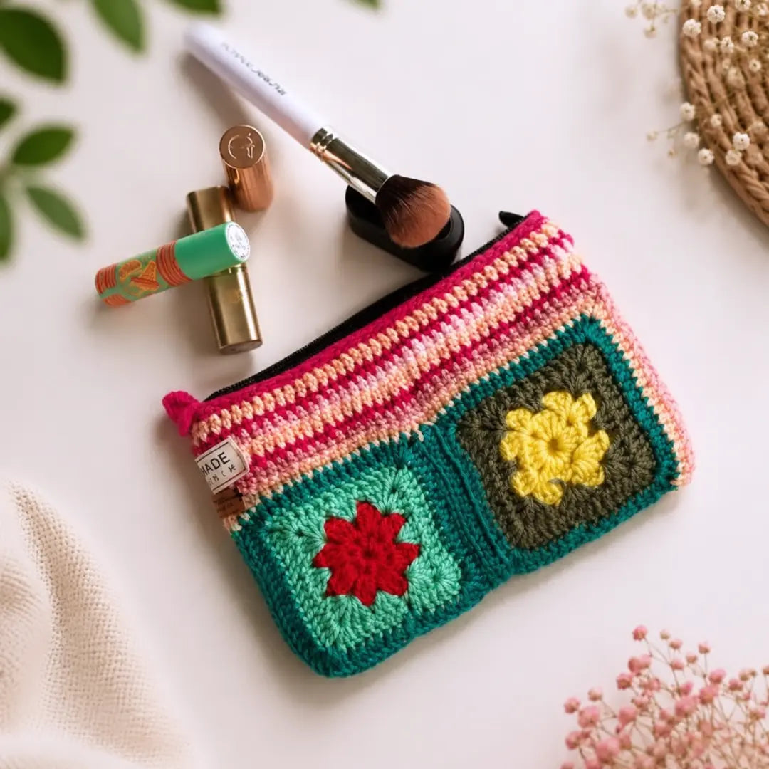 The Sanctuary Crochet Zipper Pouch - Artisanal Hand-Crocheted Cosmetic & Travel Clutch