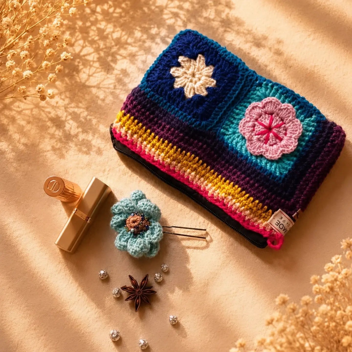 The Sanctuary Crochet Zipper Pouch - Artisanal Hand-Crocheted Cosmetic & Travel Clutch