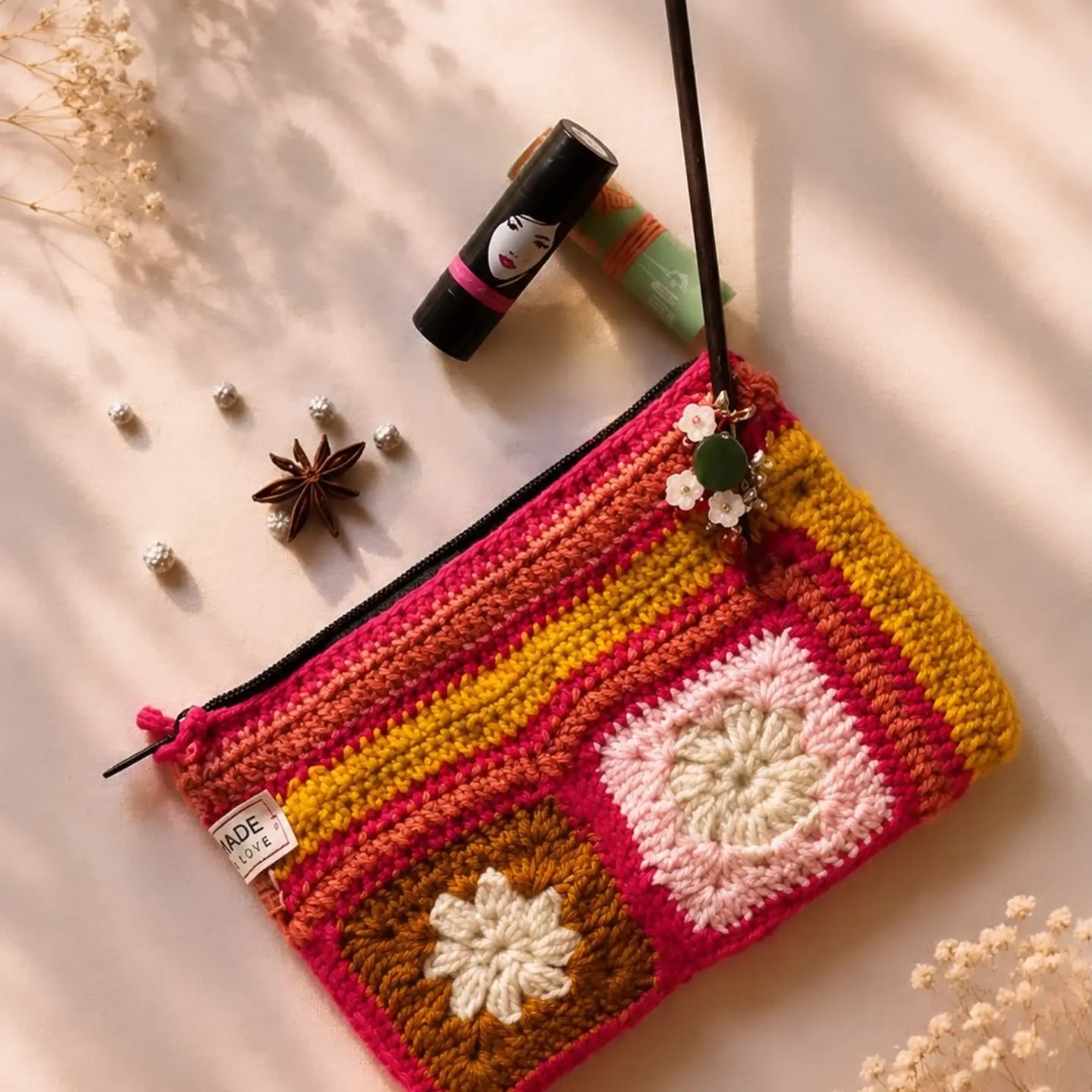The Sanctuary Crochet Zipper Pouch - Artisanal Hand-Crocheted Cosmetic & Travel Clutch
